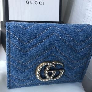 Gucci Denim Pearl GG Marmont Snap Mini Coin Card case